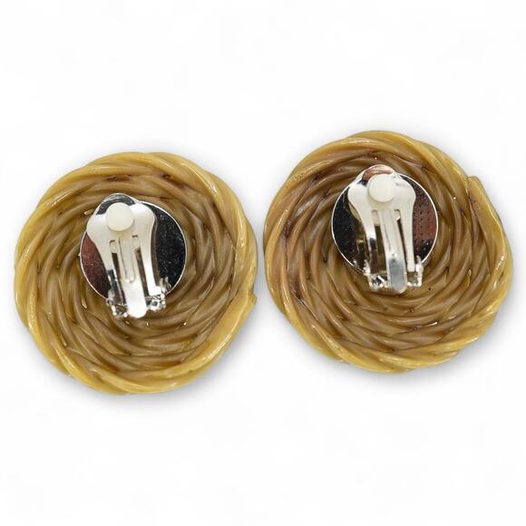 Repurposed Vintage Celluloid Button Earrings Clip On Upcycled Retro Swirl Beige - Picture 2 of 6